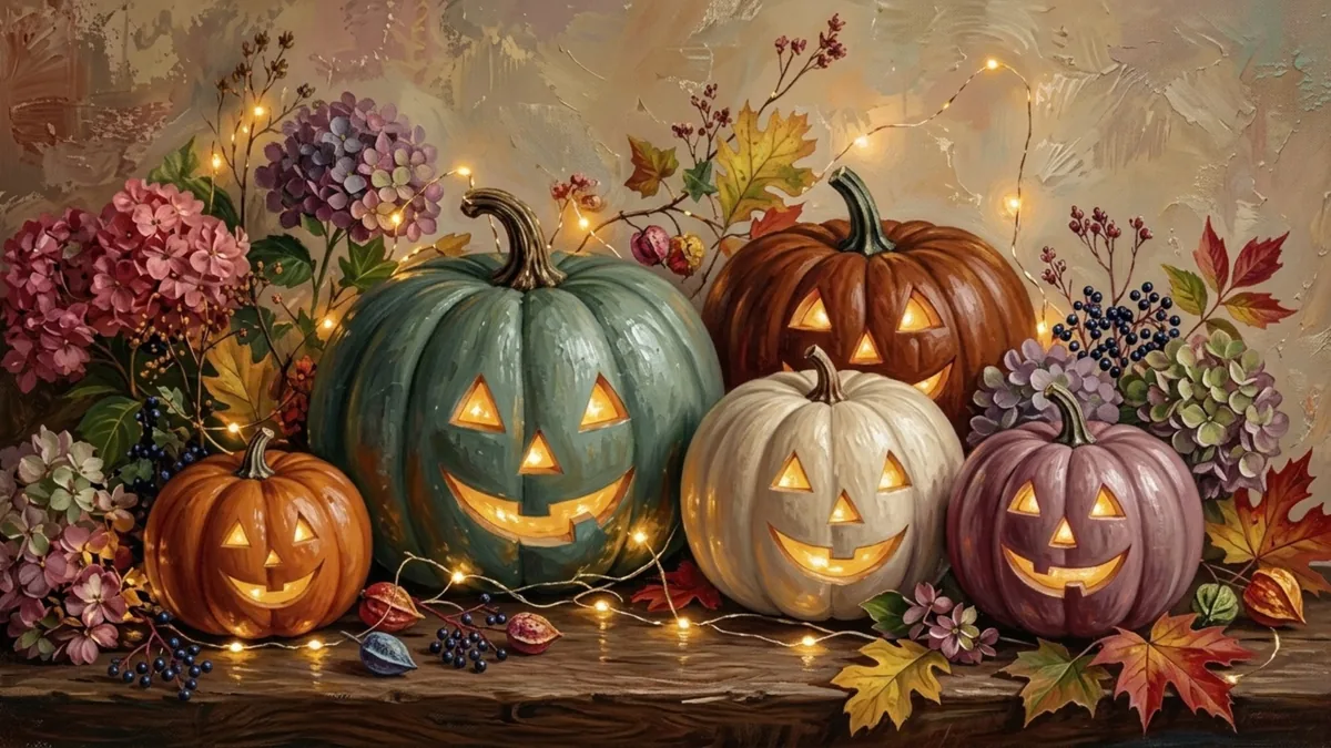 Harvest Glow Frame TV sign — a painted row of glowing jack-o-lanterns in sage, cream, rust, and mauve among hydrangeas, autumn leaves, and twinkle lights